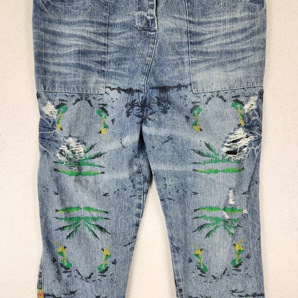 Monthorigin Overalls Womens Large Blue Floral Print Bibs Denim Distressed Casual - Picture 3 of 14